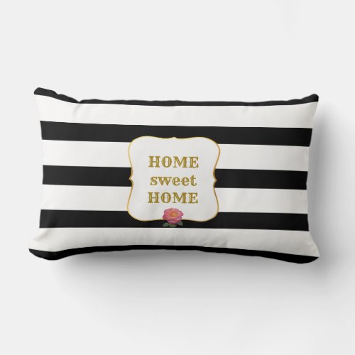 Pink Rose on Black and White Striped Lumbar Pillow