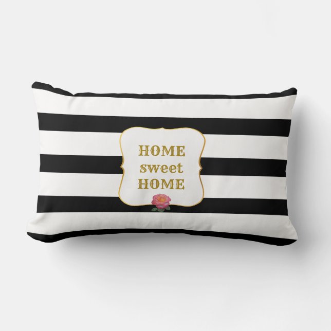 Pink Rose on Black and White Striped Lumbar Pillow (Front)