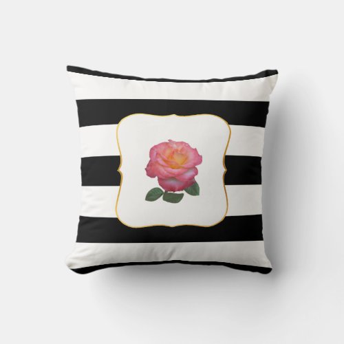 Pink Rose on Black and White Striped Throw Pillow