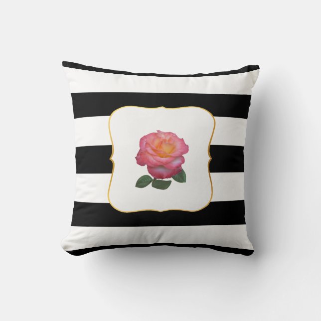Pink Rose on Black and White Striped Throw Pillow (Front)