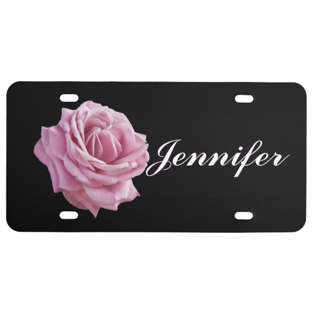 Pink Rose on Black Customizable Name License Plate (Front)