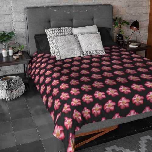 Pink Rose on Black Floral Pattern Duvet Cover