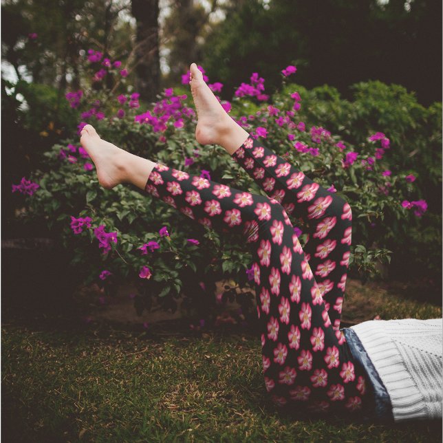 Pink Rose on Black Floral Pattern Leggings (In Situ)
