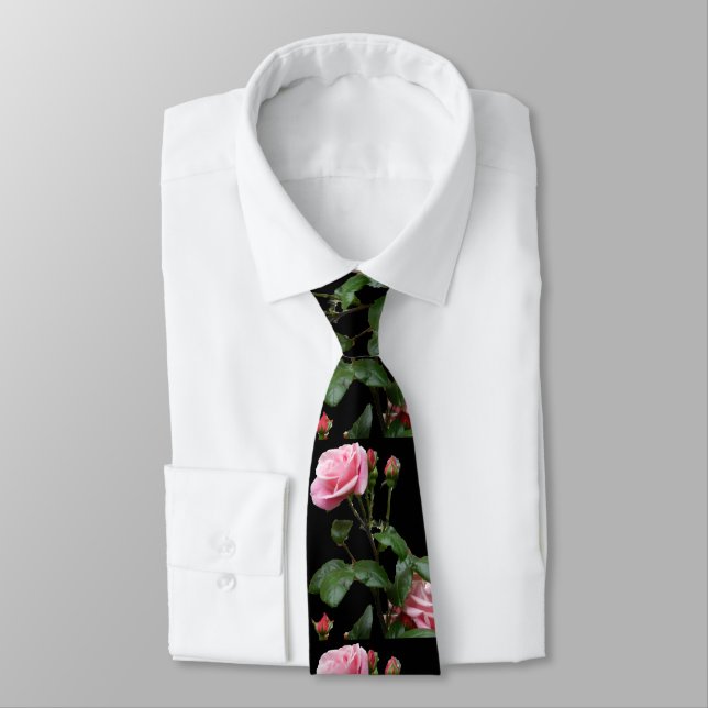 PINK ROSE ON BLACK NECK TIE (Tied)
