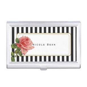 Pink Rose on Black & White Business Card Holder