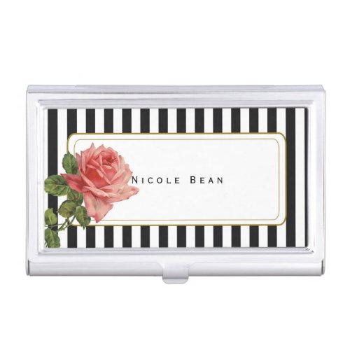 Pink Rose on Black  White Business Card Holder