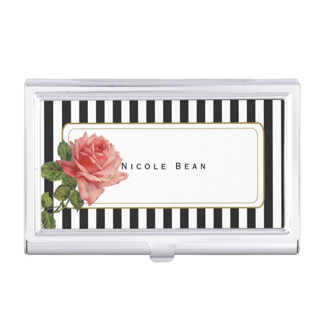 Pink Rose on Black & White Business Card Holder (Front)