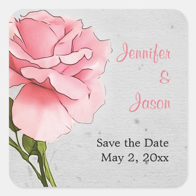 Pink Rose on Gray Save the Date Sticker (Front)