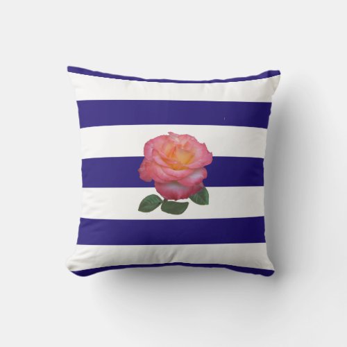 Pink Rose on Navy Blue and White Striped Throw Pil Throw Pillow