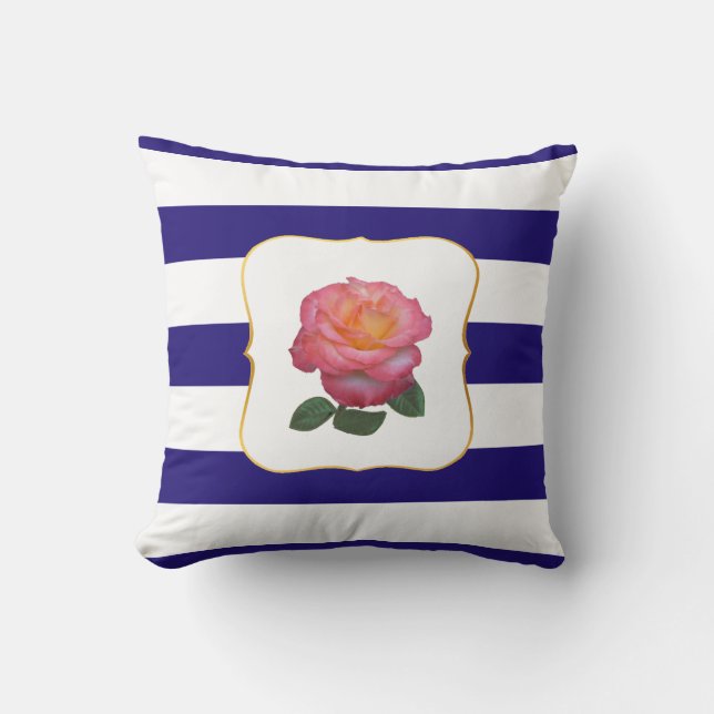 Pink Rose on Navy Blue and White Striped Throw Pillow (Front)
