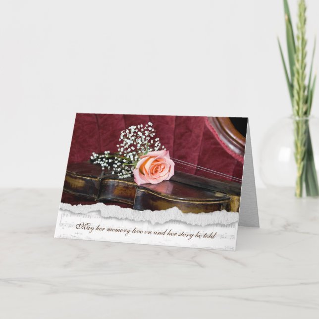 pink rose on old violin sympathy card (Front)