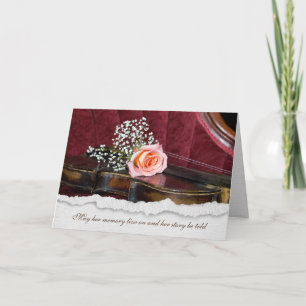 pink rose on old violin sympathy card