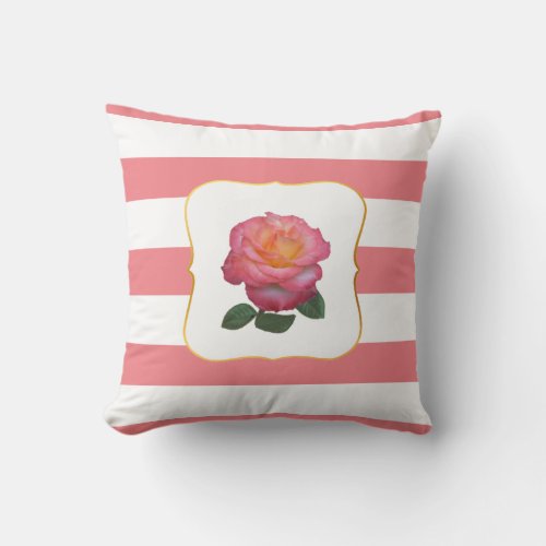 Pink Rose on Pink and White Striped Throw Pillow