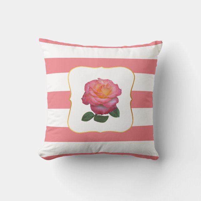 Pink Rose on Pink and White Striped Throw Pillow (Front)