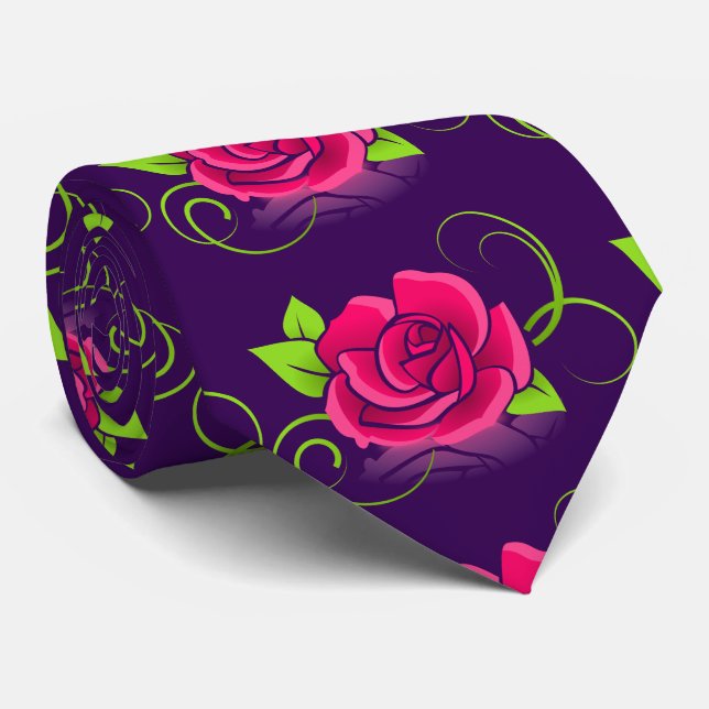 Pink Rose on Purple Background Tie (Rolled)