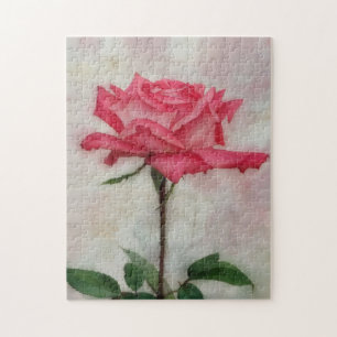 Pink Rose on Stem Art Flower Puzzle