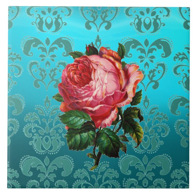 PINK ROSE ON TEAL BLUE DAMASK Floral Ceramic Tile (Front)