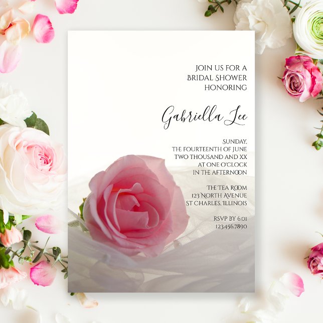 Pink Rose on White Bridal Shower Invitation (Creator Uploaded)