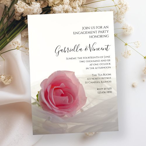 Pink Rose on White Engagement Party Invite