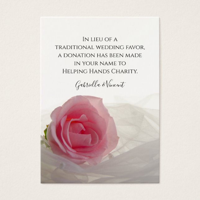Pink Rose on White Wedding Charity Favor Card (Front)