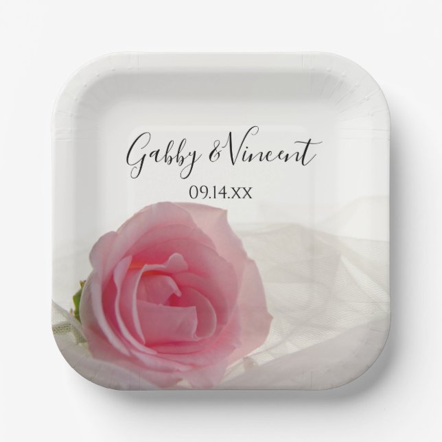 Pink Rose on White Wedding Paper Plates (Front)