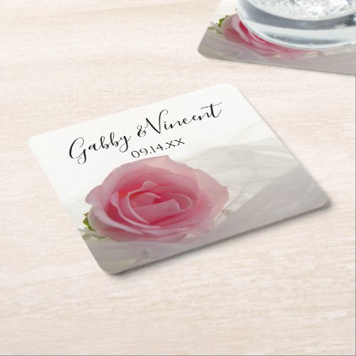 Pink Rose on White Wedding Square Paper Coaster