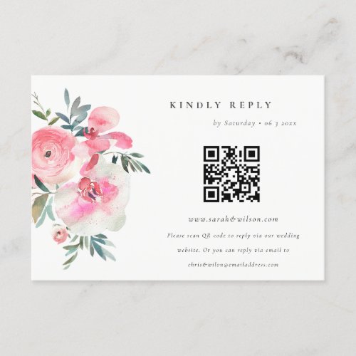 Pink Rose Orchid Floral Wedding QR Code RSVP Enclosure Card