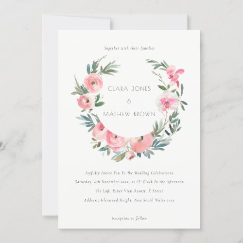 Pink Rose Orchid Floral Wreath All In One Wedding Invitation