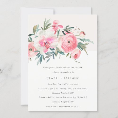 Pink Rose Orchid Watercolor Flora Rehearsal Dinner Invitation