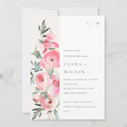 Pink Rose Orchid Watercolor Floral Couples Shower Invitation