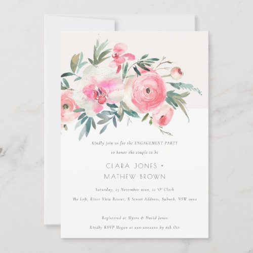 Pink Rose Orchid Watercolor Floral Engagement Invitation
