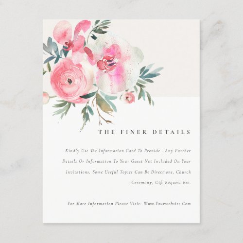 Pink Rose Orchid Watercolor Floral Wedding Details Enclosure Card