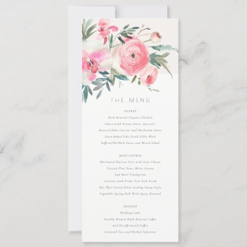 Pink Rose Orchid Watercolor Floral Wedding Menu Invitation