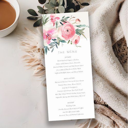 Pink Rose Orchid Watercolor Floral Wedding Menu Invitation