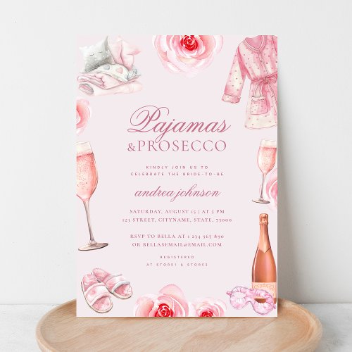 Pink Rose Pajamas  Prosecco Pjs Bridal Shower Invitation