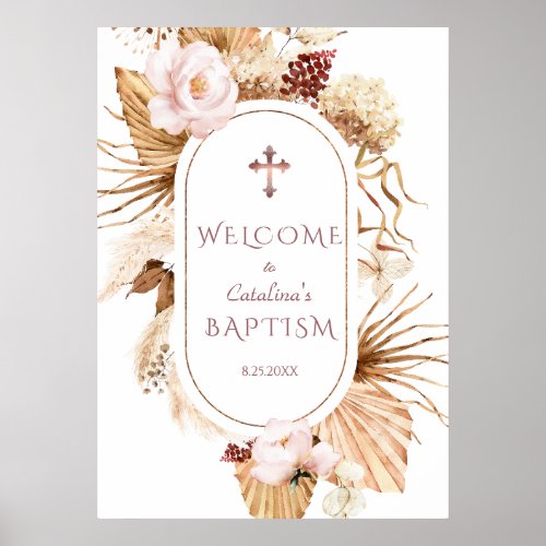 Pink Rose Pampas Grass Palm Baptism Welcome Sign