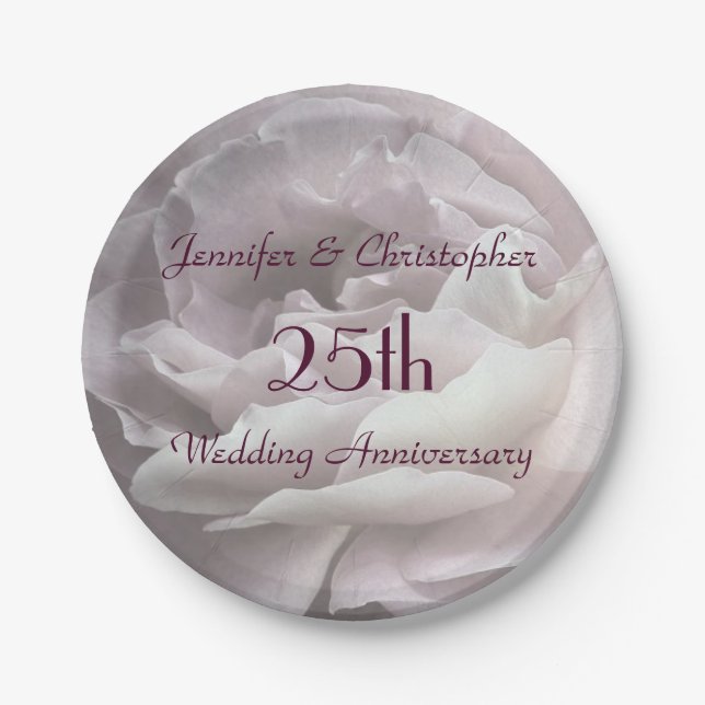 Pink Rose Paper Plates, 25th Wedding Anniversary Plates (Front)