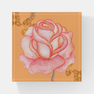 Pink Rose Paperweight on Gold Colored Background