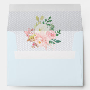 Pink Rose Pastel Blue Floral RSVP Address Wedding Envelope