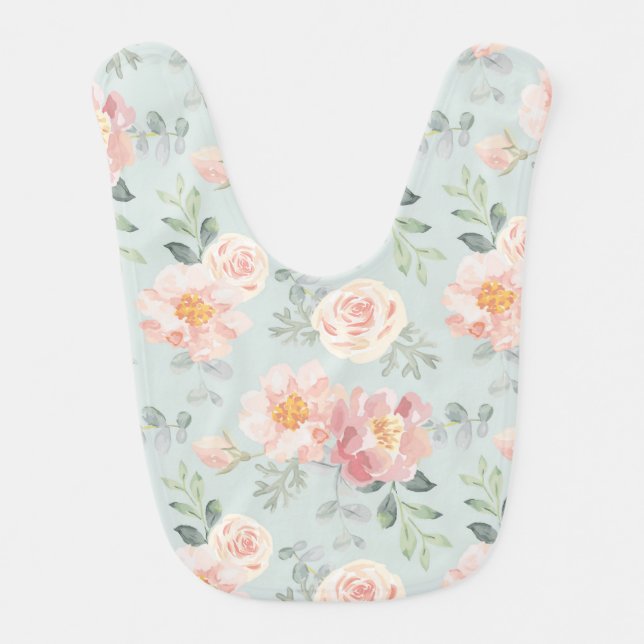 Pink Rose Pastel Garden Pattern Baby Bib (Front)