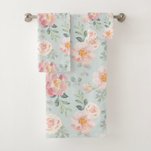 Pink Rose Pastel Garden Pattern Bath Towel Set