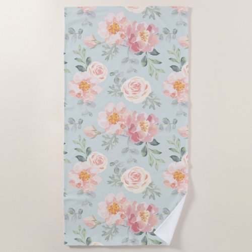 Pink Rose Pastel Garden Pattern Beach Towel