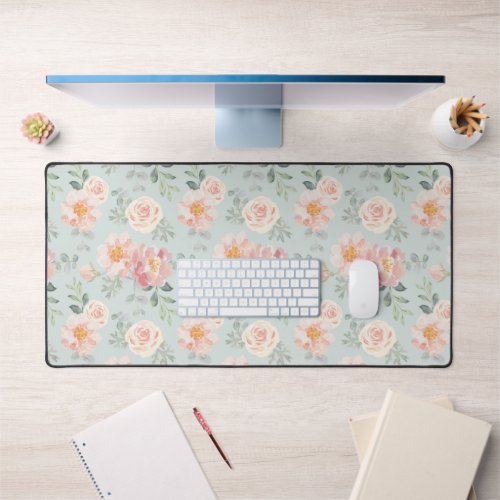 Pink Rose Pastel Garden Pattern Desk Mat