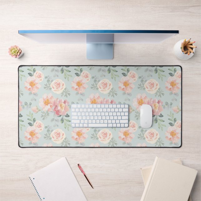 Pink Rose Pastel Garden Pattern Desk Mat (Office 1)