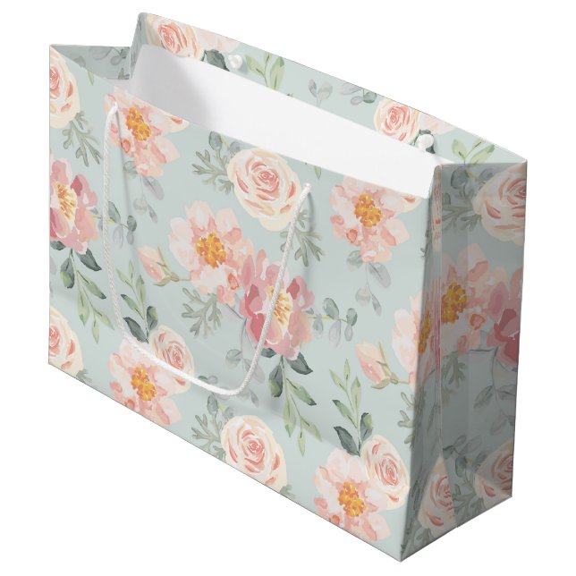 Pink Rose Pastel Garden Pattern Large Gift Bag (Front Angled)
