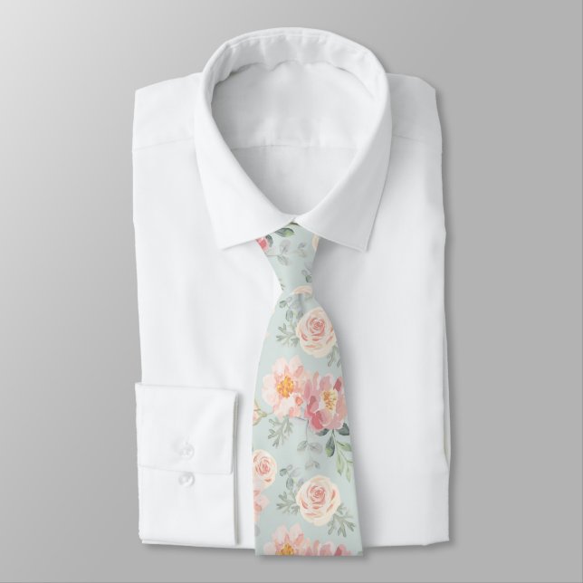Pink Rose Pastel Garden Pattern Neck Tie (Tied)