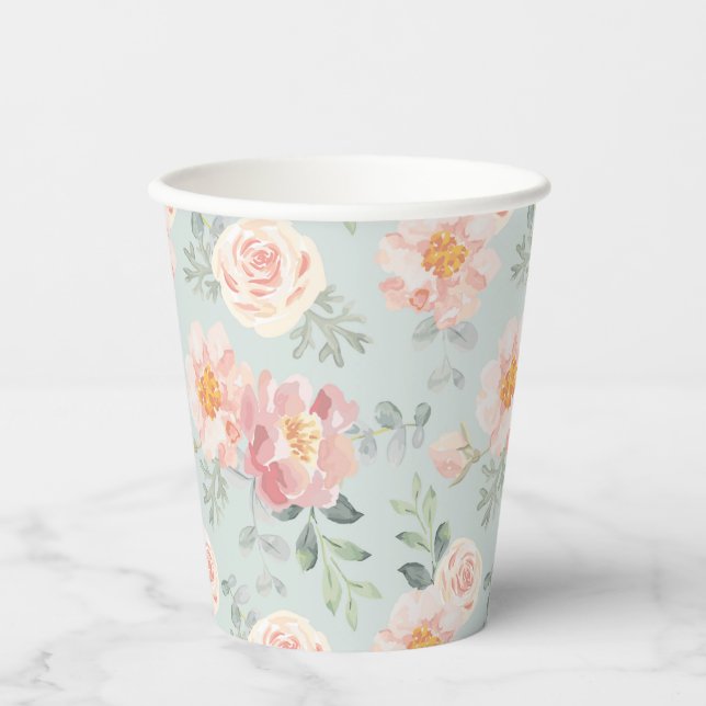 Pink Rose Pastel Garden Pattern Paper Cups (Front)