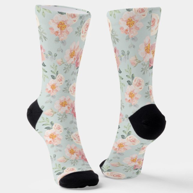 Pink Rose Pastel Garden Pattern Socks (Angled)