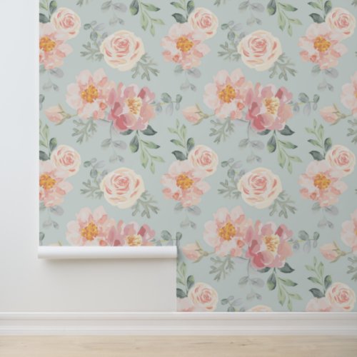 Pink Rose Pastel Garden Pattern Wallpaper