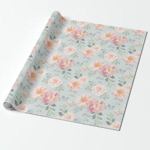 Pink Rose Pastel Garden Pattern Wrapping Paper